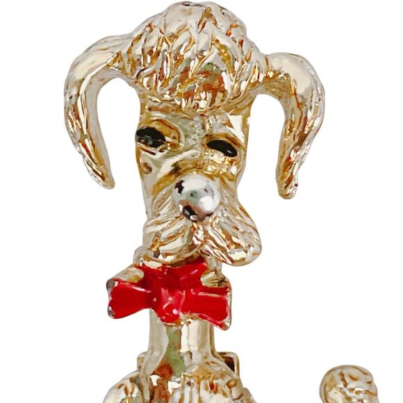 VTG Mid Century Poodle Dog Brooch Enamel Bow 1950s Novelty Figural Gold Tone Pin - Picture 3 of 8